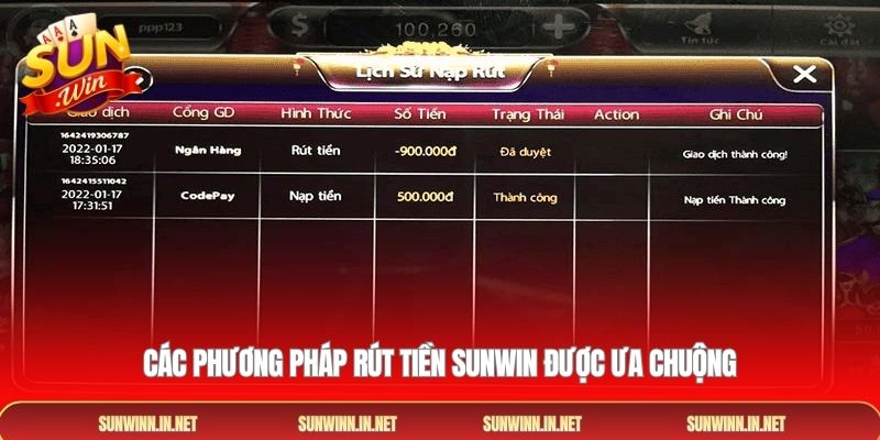 Các phương pháp Rút tiền SUNWIN được ưa chuộng
